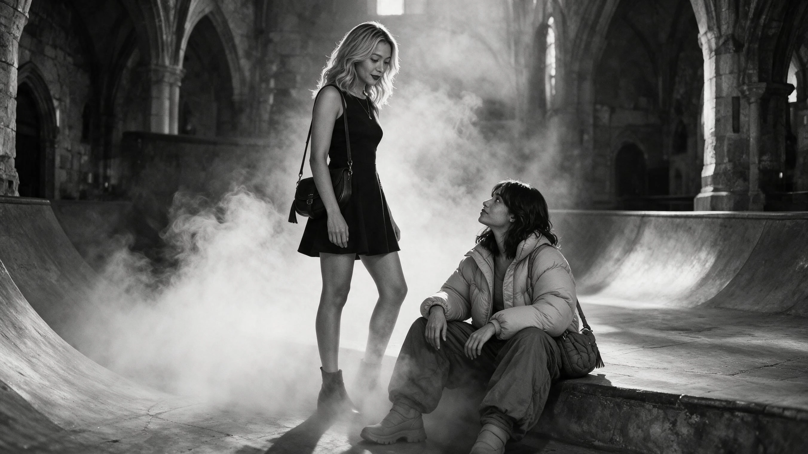 A black and white photograph of two women on a skate ramp inside a gothic chapel, one standing in a black dress and one sitting in a puffer jacket, with smoke drifting across the floor