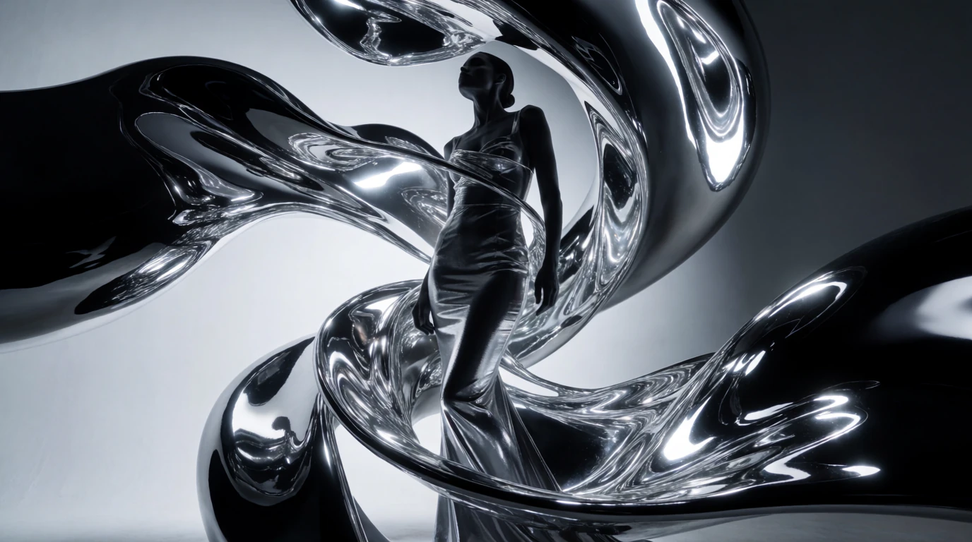A woman in silver standing inside a huge swirl of black and mirrored chrome, lit with hard contrast