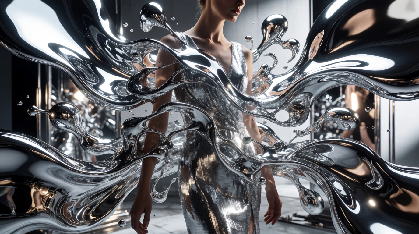 A woman in a silver dress surrounded by dense splashing chrome forms and droplets that fill the whole frame