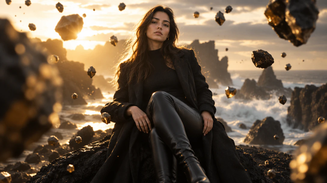 A woman in a long dark coat seated on black volcanic rock at sunset, backlit, with rocks floating in the air around her
