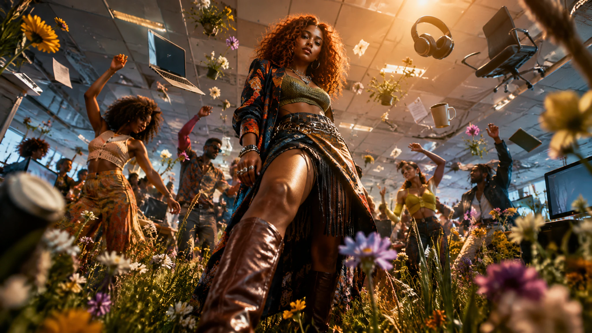 The same frozen party scene with a different woman at its center, in a bold maximalist outfit and tall boots