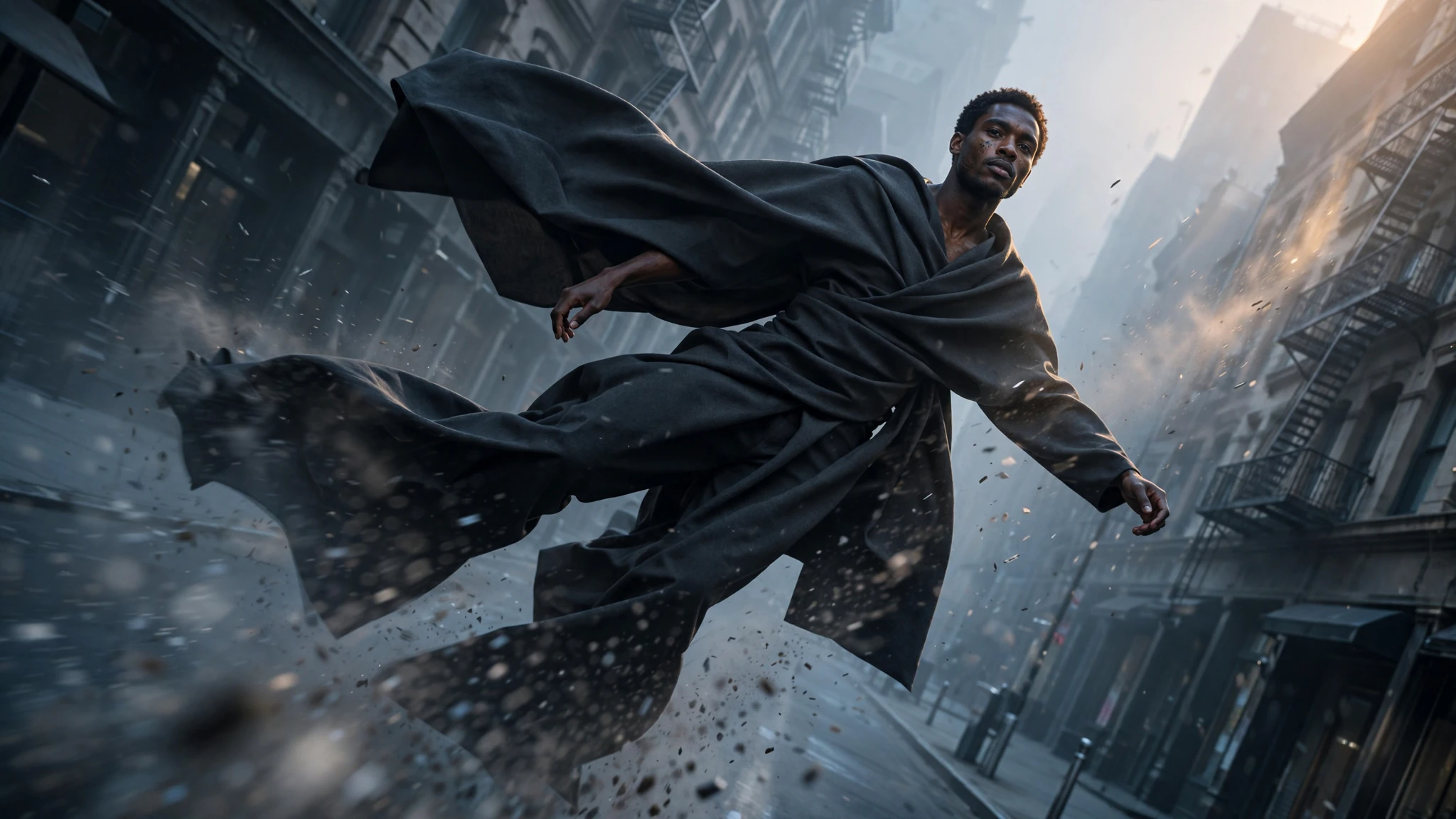 A man levitating in a sweeping dark monolithic drape above a New York street, shot on a dutch angle in cool dawn light with debris suspended around him