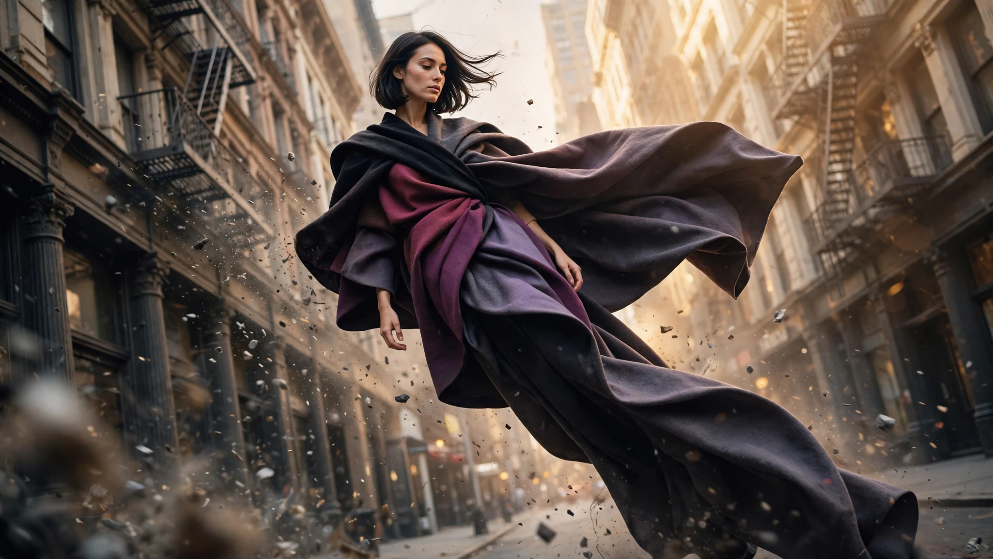 A woman levitating in the same monolithic drape above the same street, the fabric recoloured deep bordeaux and purple under warm golden light