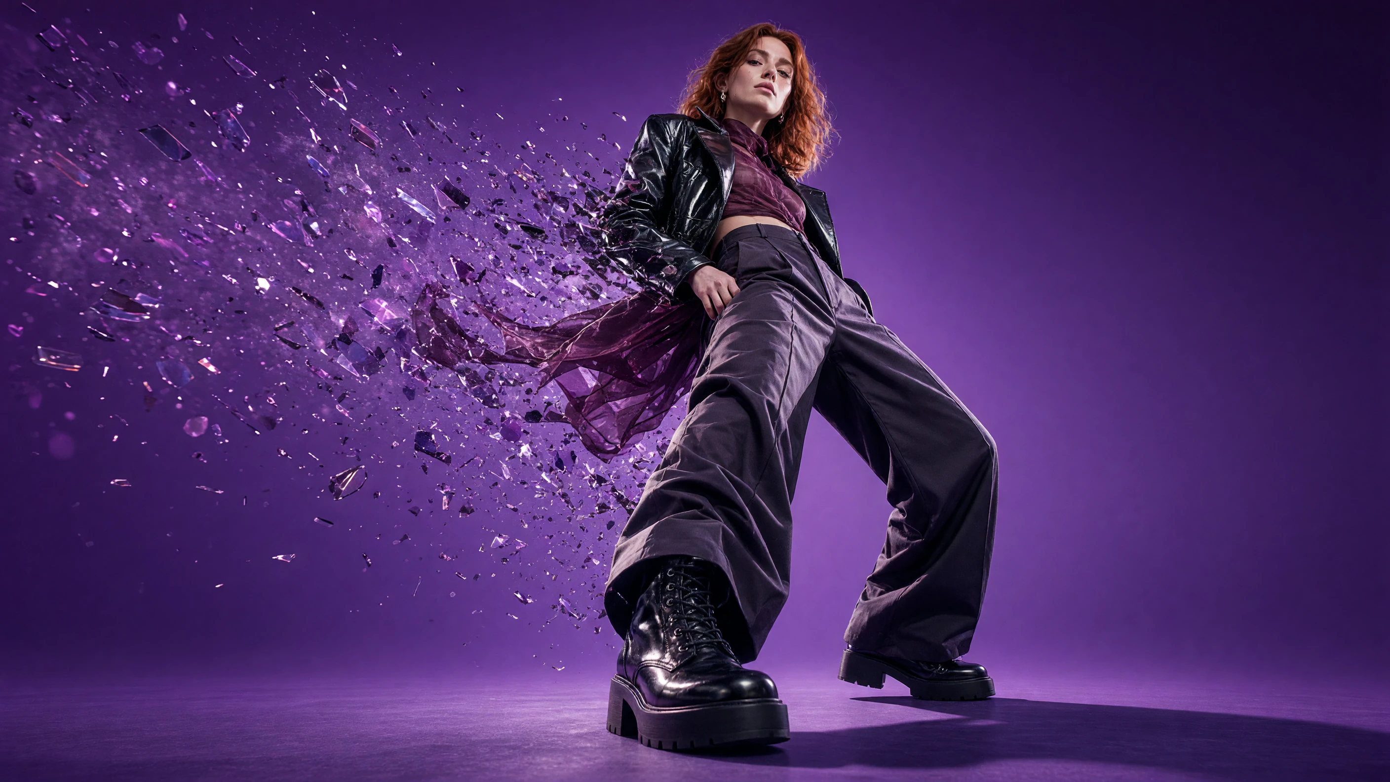 A woman with red curly hair in a black leather jacket and wide dark trousers, shot from a low angle on a purple set as fragments scatter away from her