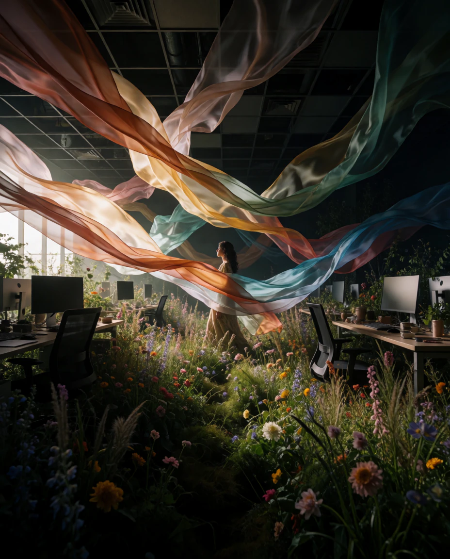 A woman in an office full of wildflowers, with ribbons of orange, pink and blue silk crossing the whole room