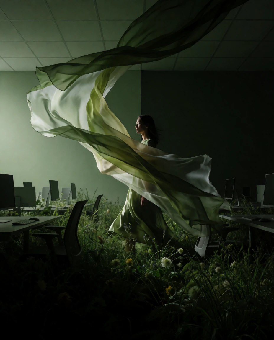 A woman walking through an overgrown office, wrapped in a large swirl of pale green silk