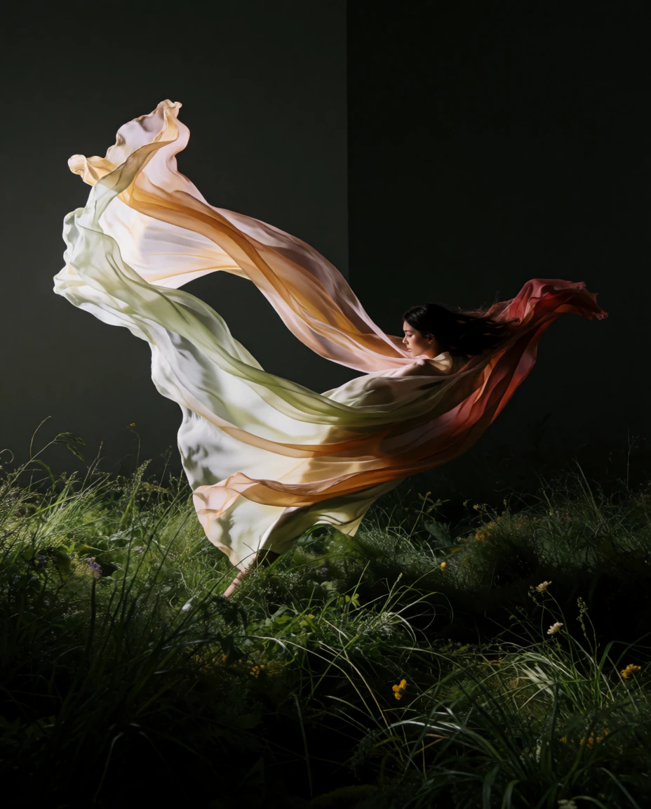 A woman leaning into the wind against a dark wall, her body lost in billowing cream and red silk, grass at her feet