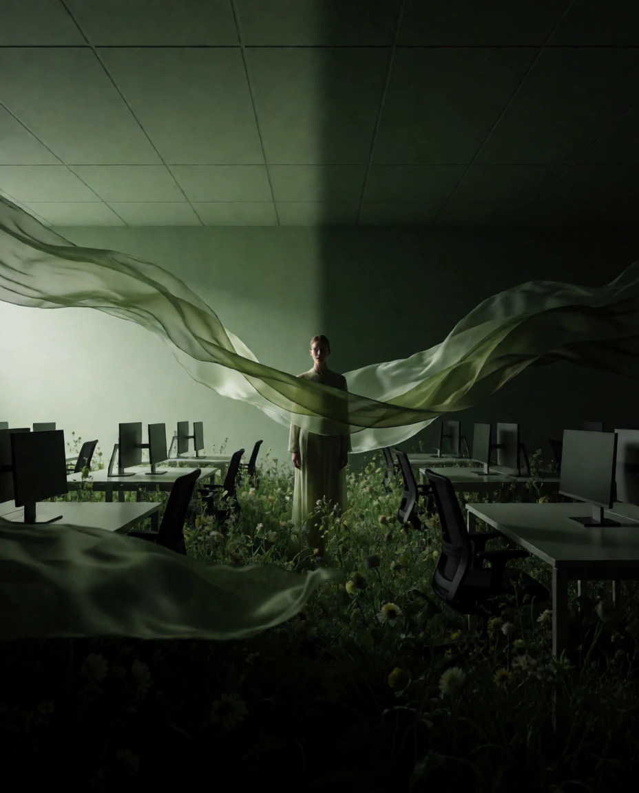 A woman standing still in a dim office overgrown with grass, a long pale green silk ribbon floating across the room