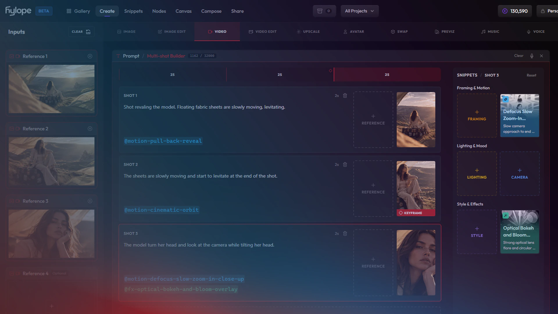 A three-shot video timeline with a reference image and a camera motion snippet on each shot card