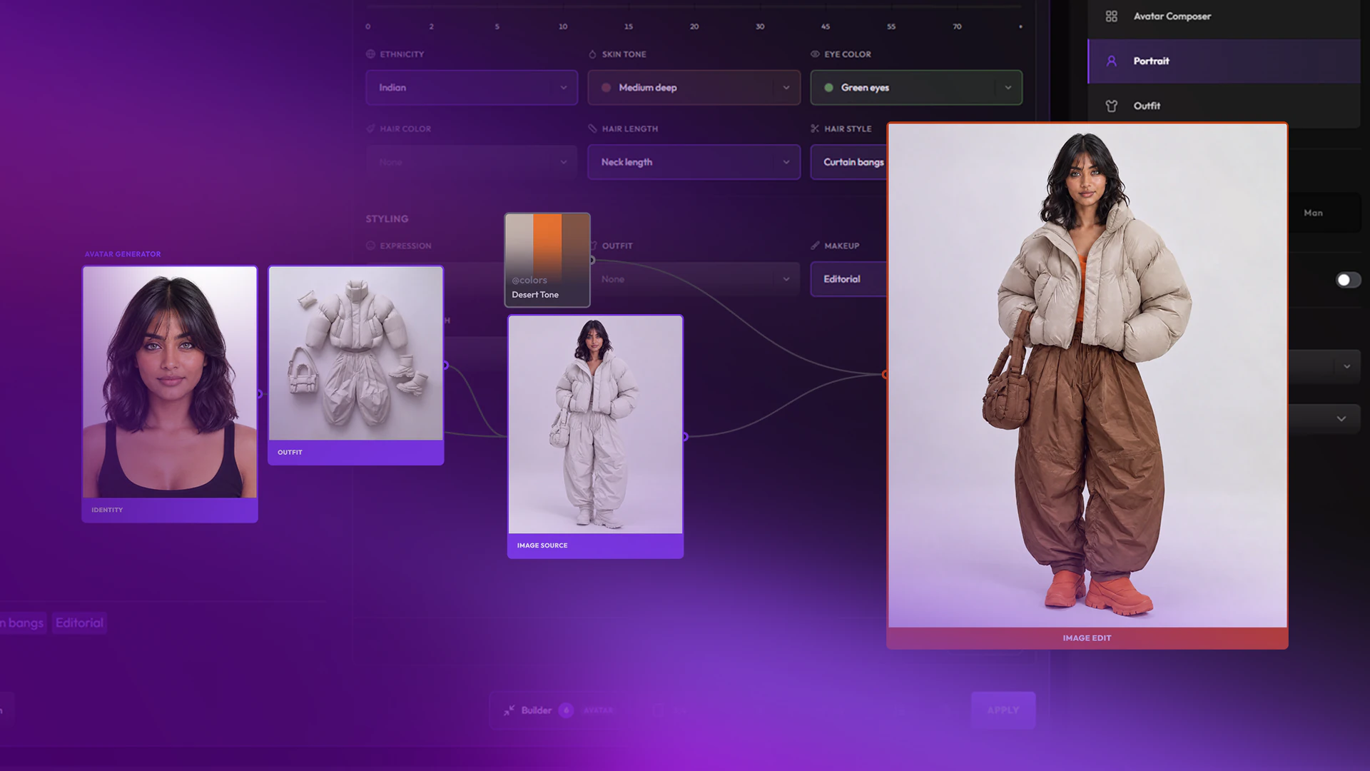 The avatar builder with an identity portrait, an outfit flat-lay and a desert-tone colour snippet wired into one full-length result