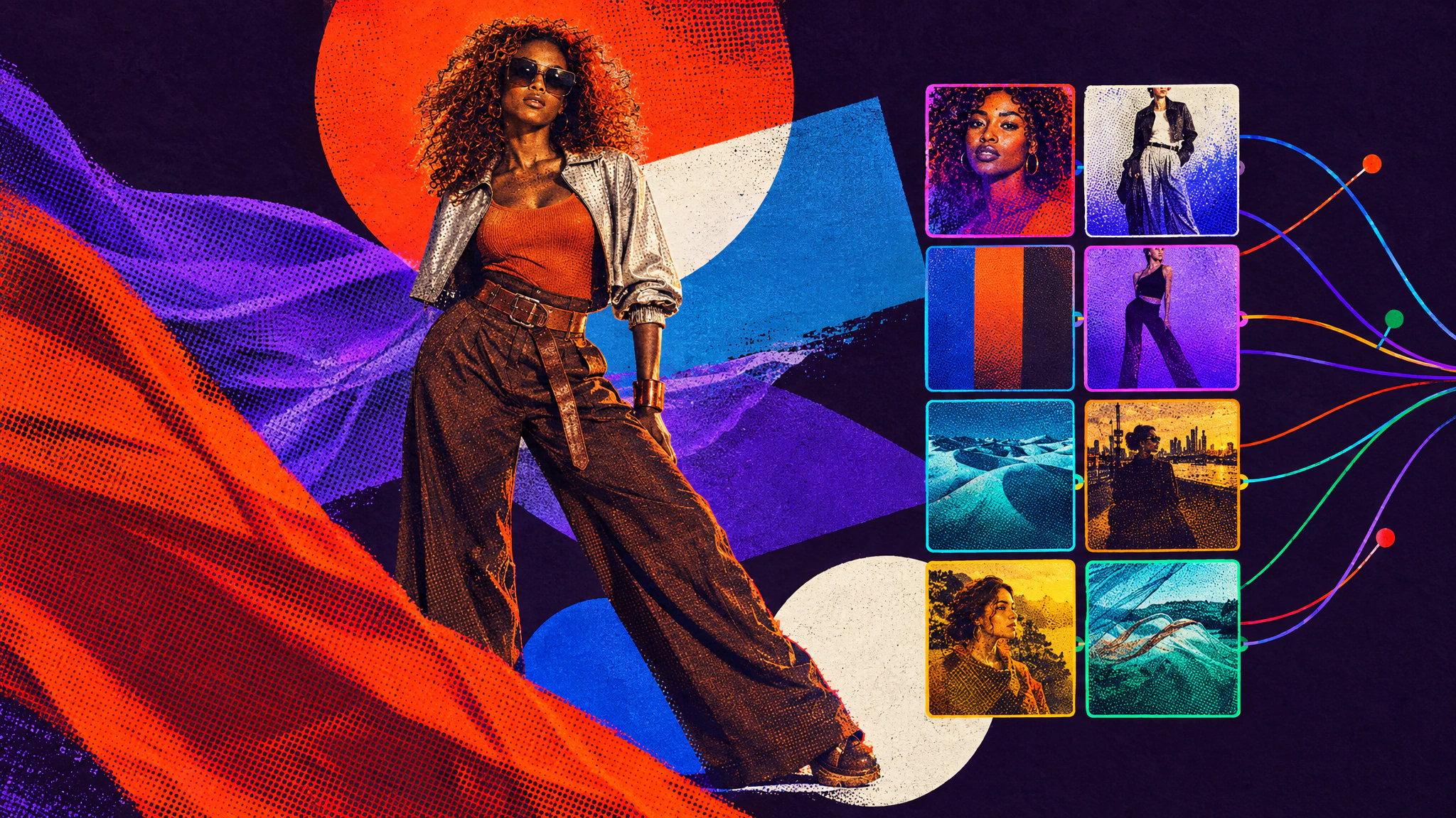 A model in desert-toned tailoring among windblown silk on pale dunes, with eight colour-coded snippet cards wired into the frame: characters, outfit, colors, pose, environment, framing, lighting, FX