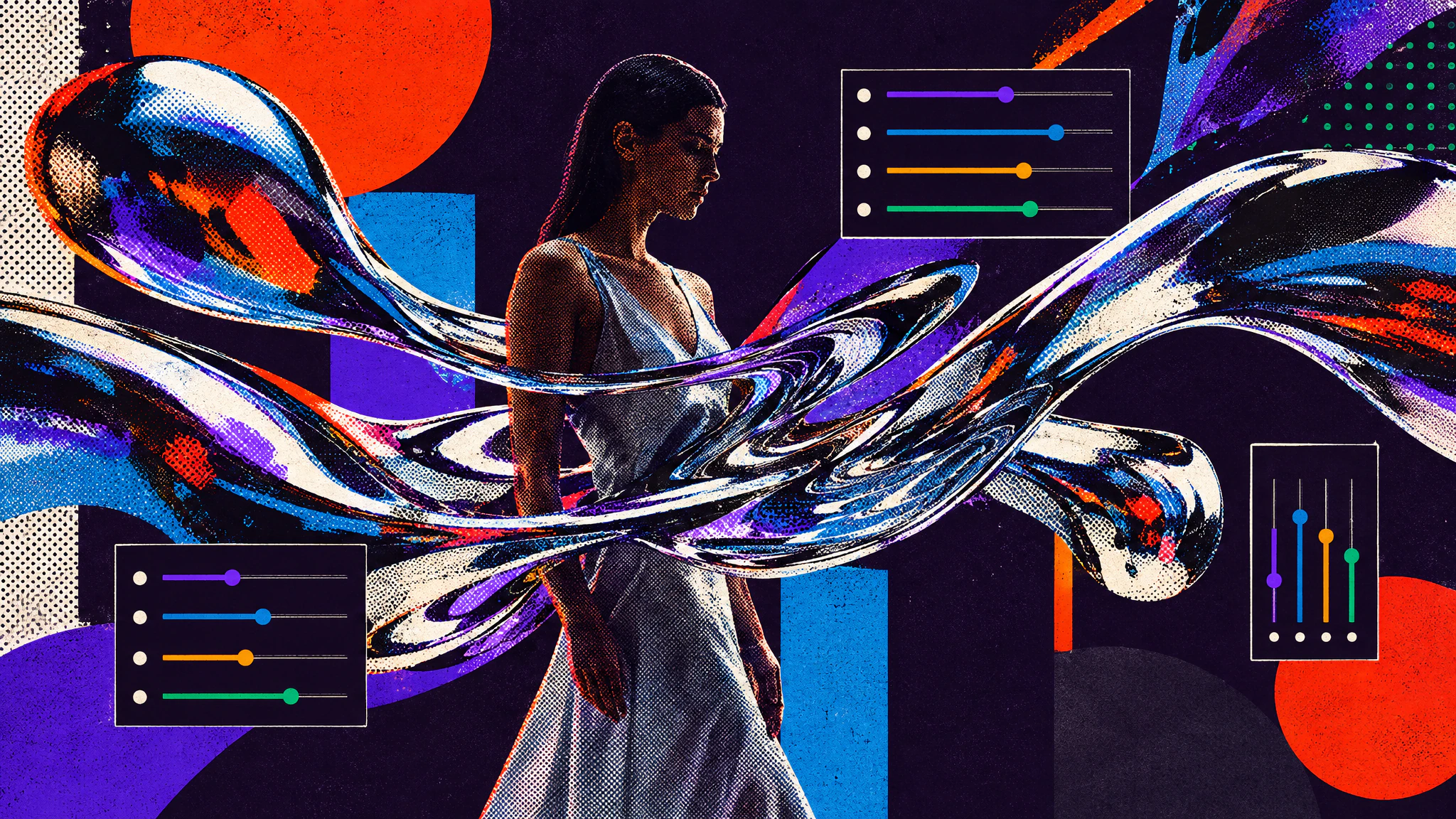 A woman in a silver dress wrapped in chrome ribbons, set as a halftone collage over red, blue and purple geometric blocks