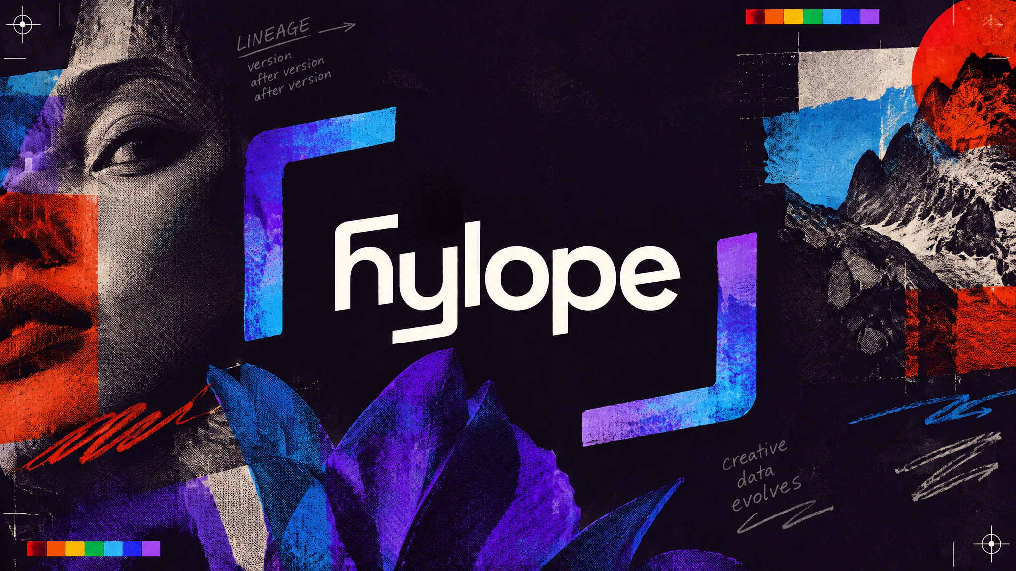 A dense collage of colour, with brushstrokes, film strips, halftone fragments, a moon, a flower and a mountain radiating out from the Hylope wordmark at the centre