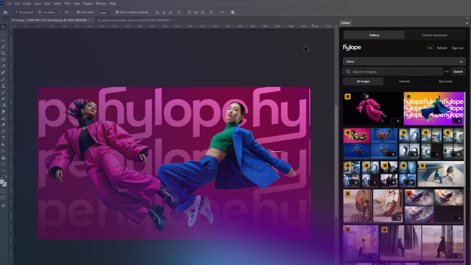 Photoshop with the Hylope panel docked on the right, showing a project's gallery beside an open document of two models floating over a pink Hylope pattern