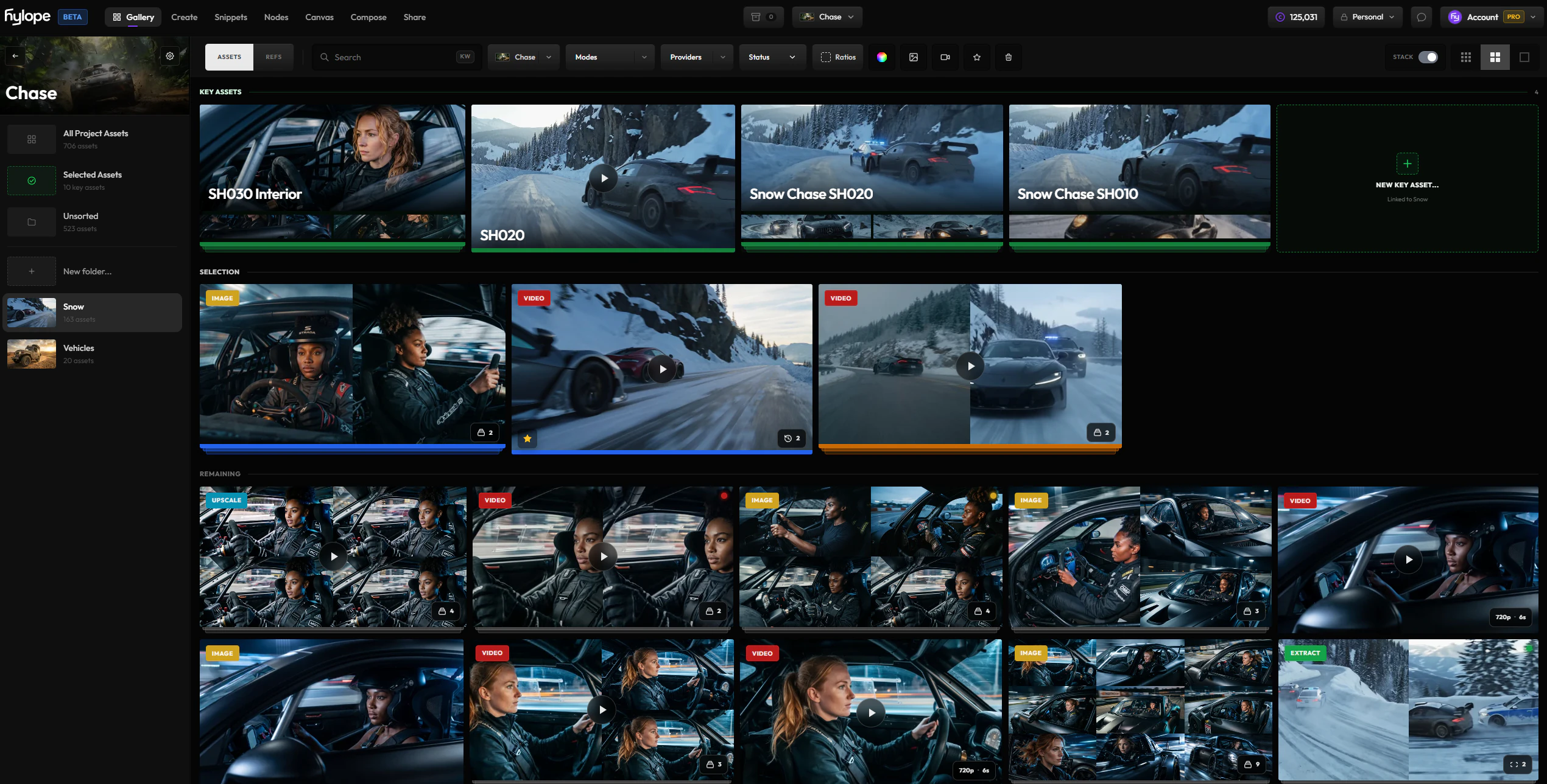The Gallery for a project called Chase, in its Snow folder: a row of key assets for car-chase shots, a Selection row of assets with a status, and stacks of related generations below