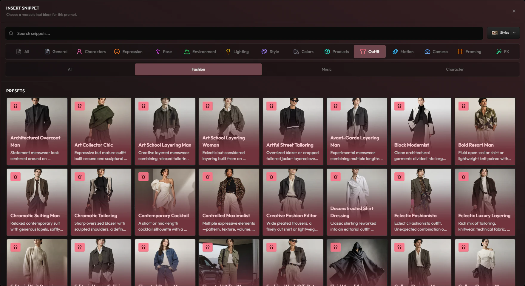The Outfit category of the snippet picker, filtered to fashion presets