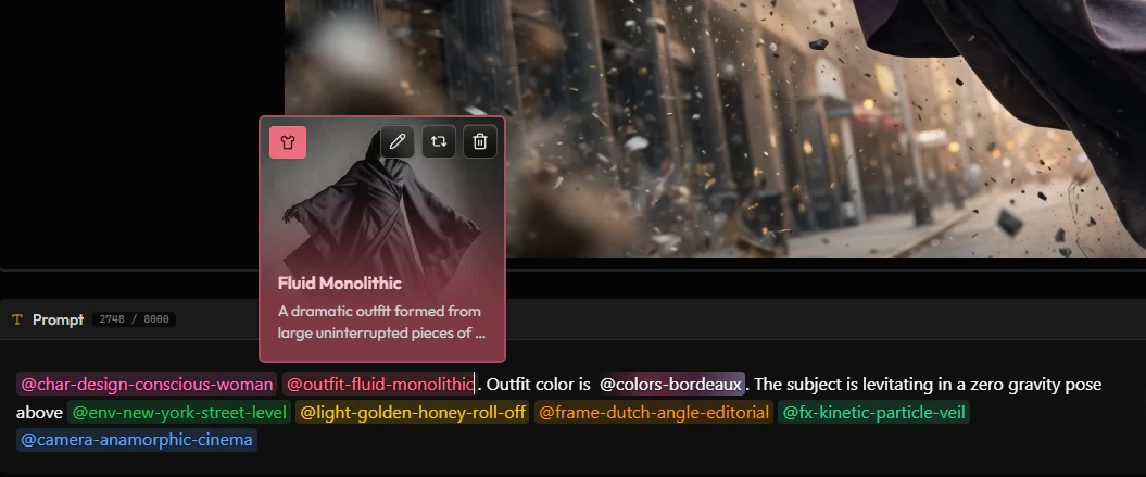 An outfit snippet in the prompt bar, open on its card with edit, swap and delete buttons