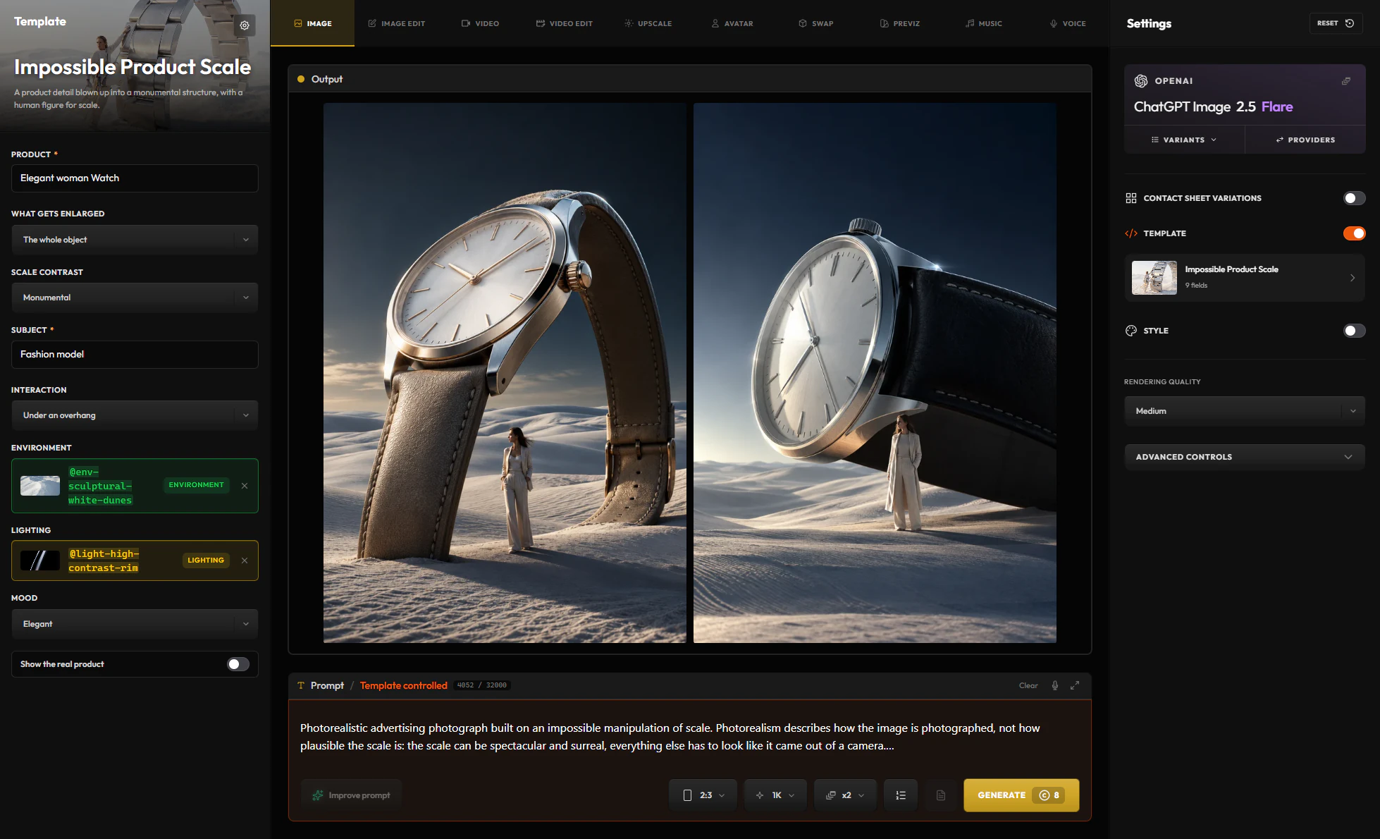 The Create app running the Impossible Product Scale template: a giant wristwatch standing in white dunes with a woman beside it, and the template's fields filled in on the left