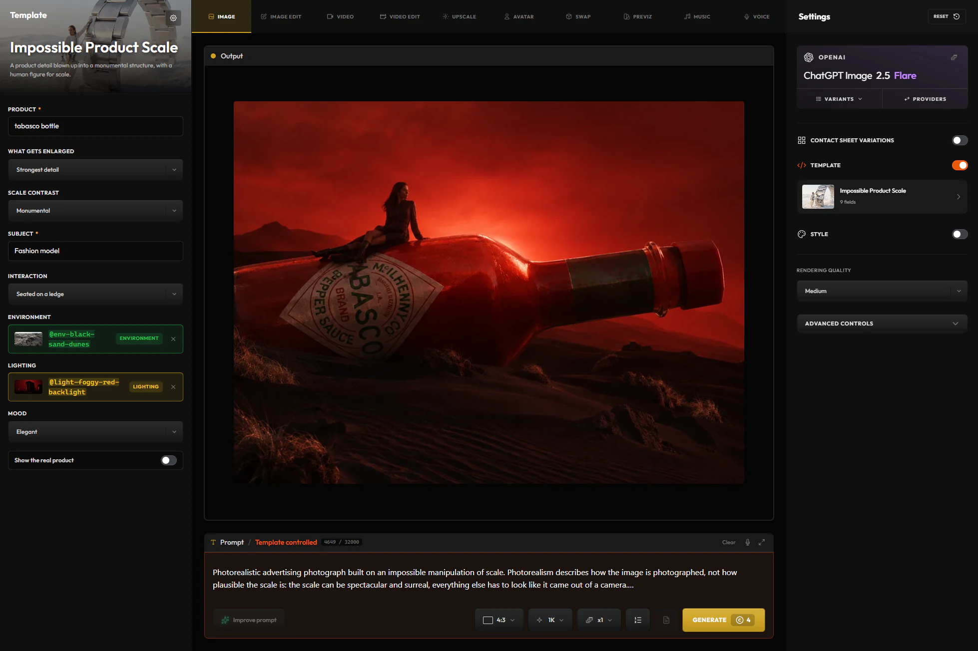 The same template with a hot sauce bottle, black sand dunes and a foggy red backlight: a woman sitting on the giant bottle