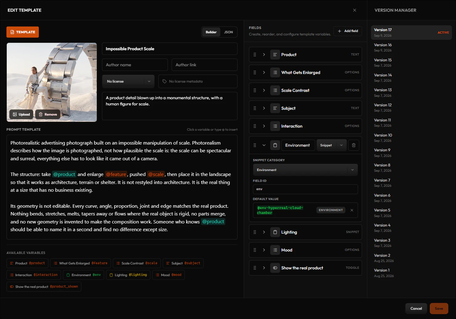 The template editor: the prompt with its variables highlighted, the list of fields, and a version manager with seventeen versions