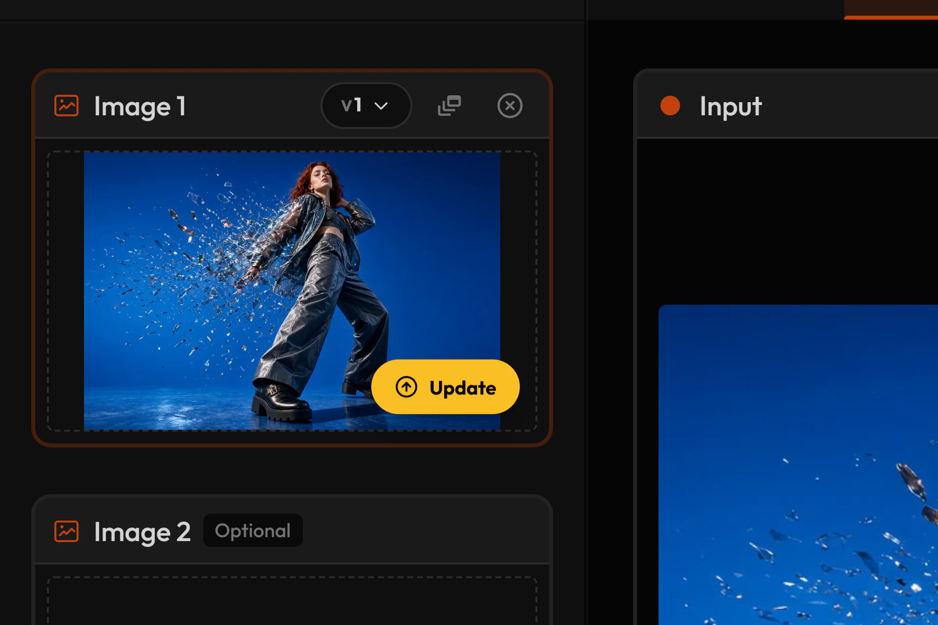 A Hylope input slot showing version v1 of a reference, a model breaking into glass shards on a blue background, with a yellow Update button because a newer version was saved from Photoshop